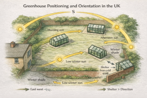 Diagram showing greenhouse orientation and positioning in a typical UK garden, including sun path, winter shade, wind shelter, and airflow considerations.