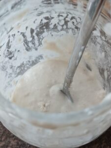 How to make a sourdough starter – bubbling starter mixture in glass jar