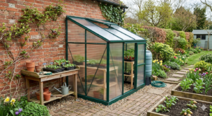6x4 greenhouse against a wall in a small UK garden