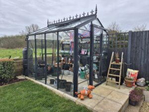 8x6 glass greenhouse in UK garden showing internal space and layout – what size greenhouse example