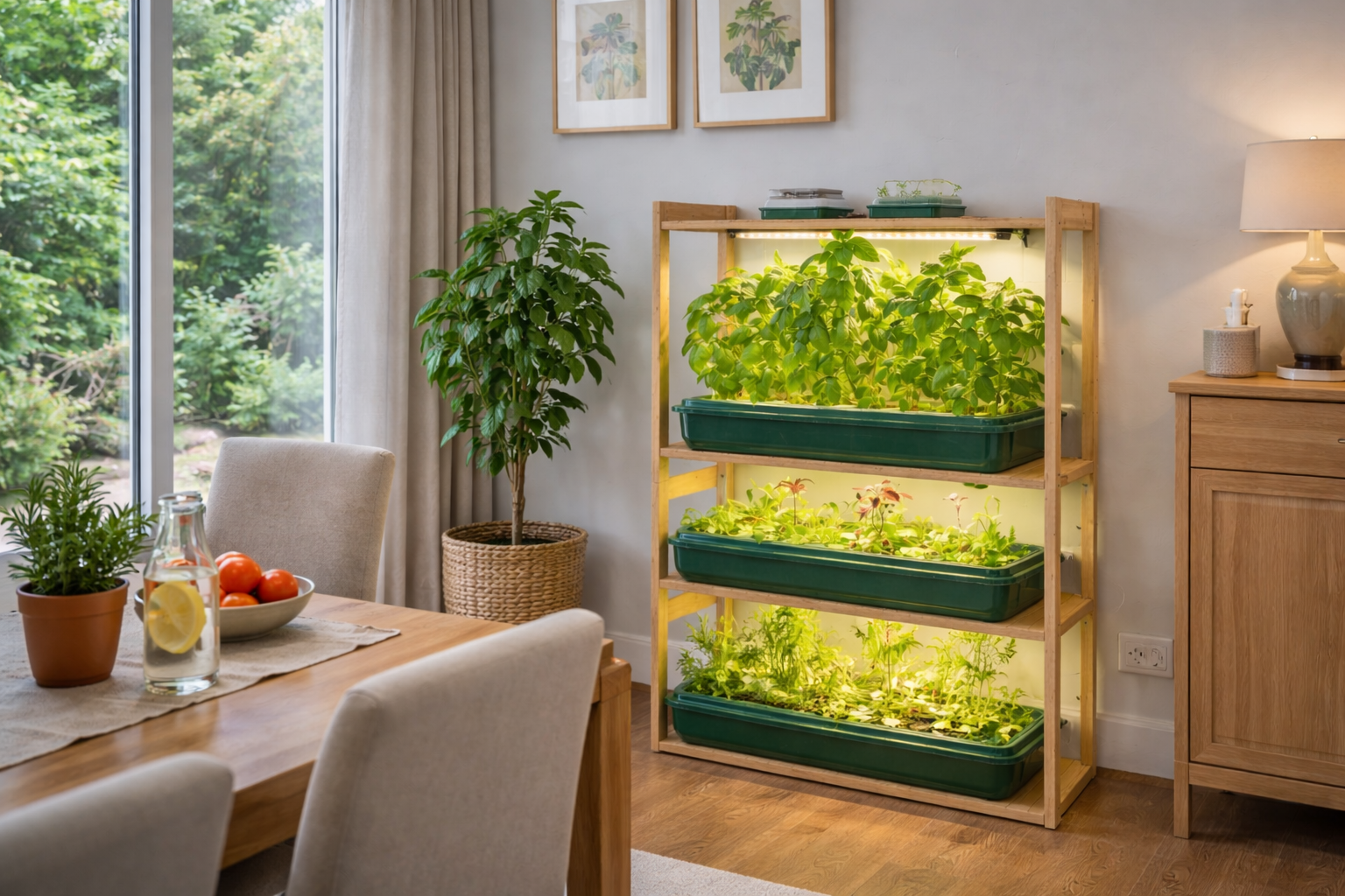 Indoor herb growing shelf with LED grow lights in a UK dining room showing the environmental impact of grow lights in small home setups
