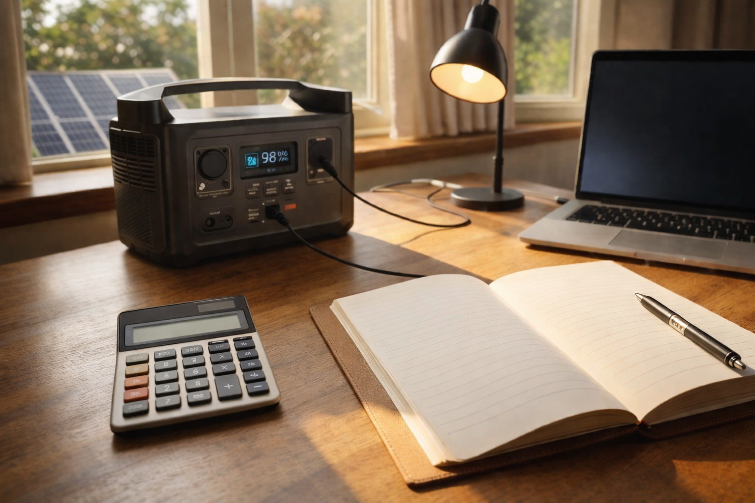 Solar generator powering a laptop and lamp on a home office desk illustrating solar generator running costs in the UK