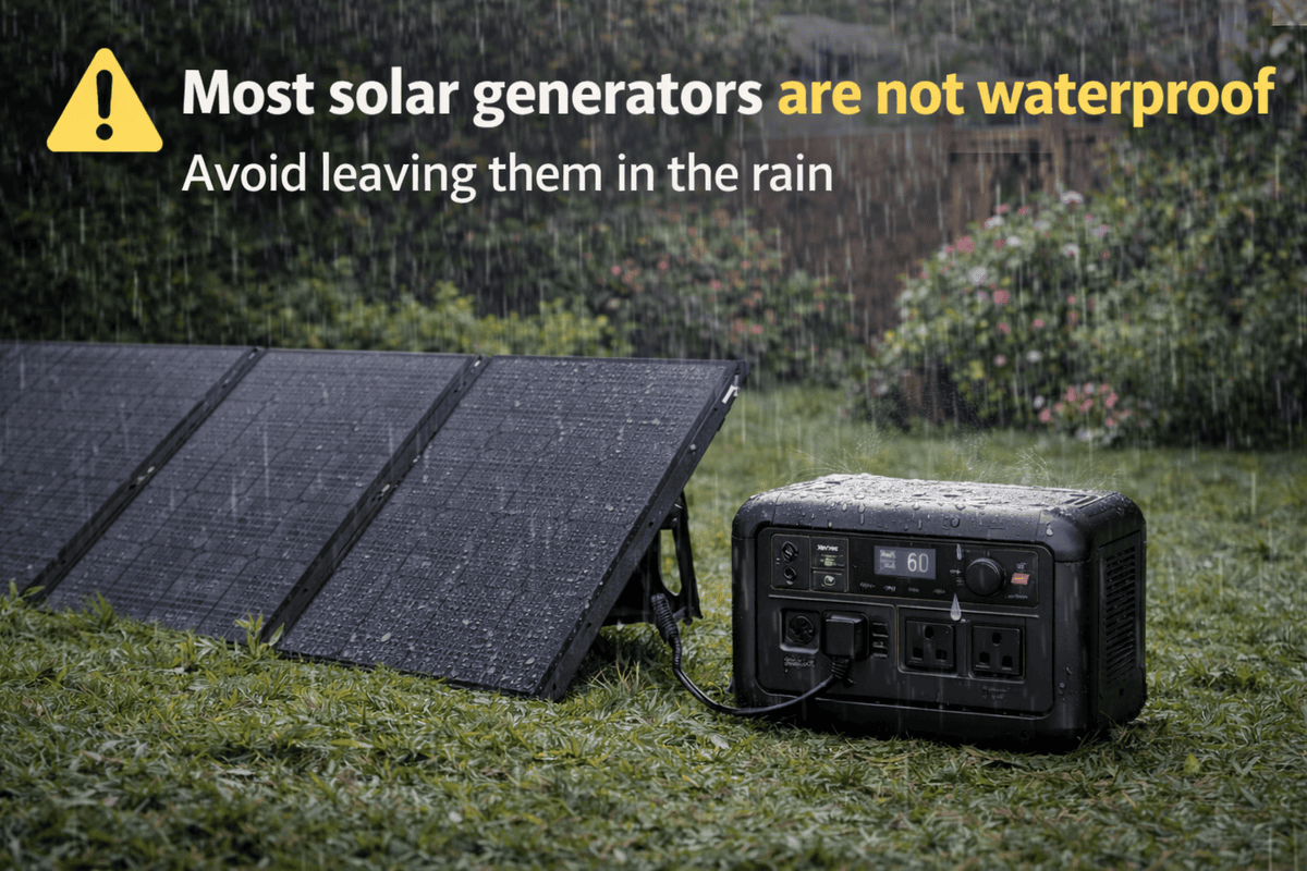 Solar generator safety warning showing a portable solar generator and solar panels in rain with text explaining most solar generators are not waterproof