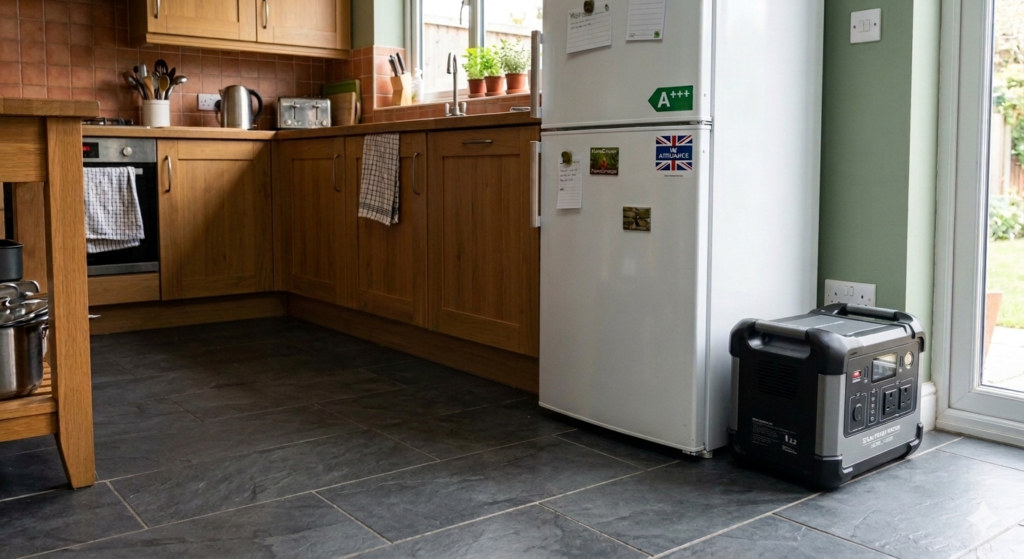 What can a solar generator power? A portable solar generator running a fridge freezer in a UK kitchen.