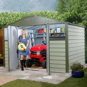Trimetals Titan 108 10x8 metal shed in UK garden showing double door access