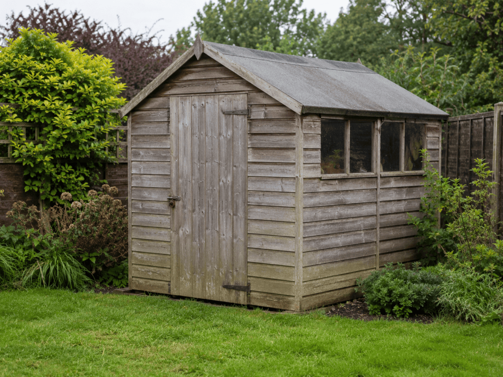 Wooden shed maintenance showing a weathered timber shed in a UK garden