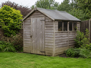Wooden shed maintenance showing a weathered timber shed in a UK garden