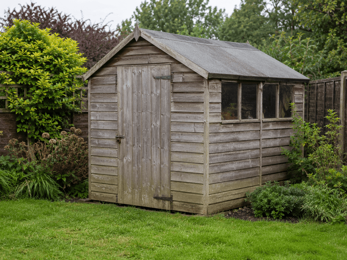 Wooden shed maintenance showing a weathered timber shed in a UK garden