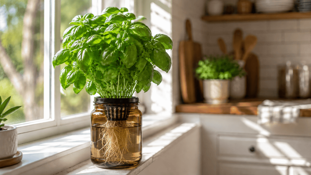 Kratky hydroponics for beginners setup with basil growing from an amber jar on a bright kitchen windowsill
