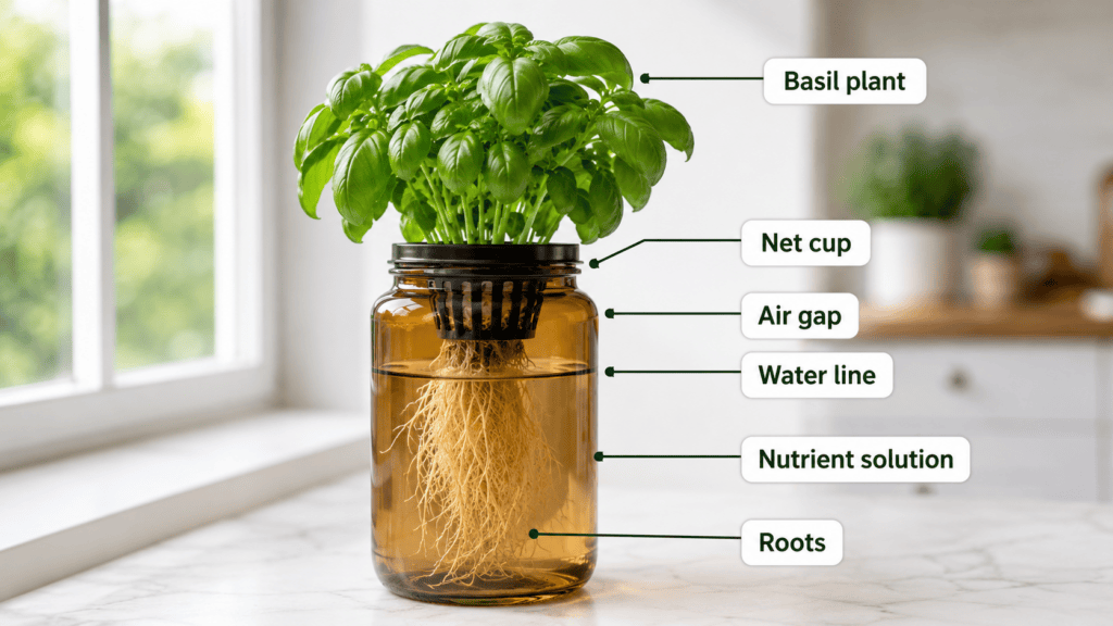 Kratky hydroponics water level showing basil roots, nutrient solution, net cup and air gap