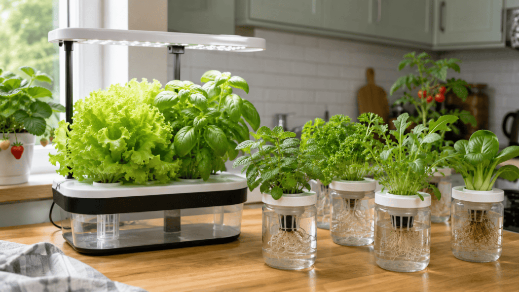 What plants can you grow hydroponically indoors, including lettuce, basil, mint, parsley and leafy greens in a kitchen hydroponic setup