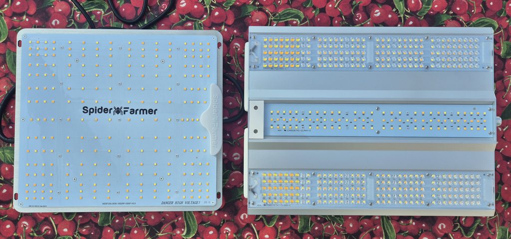 Spider Farmer SF1000 and ViparSpectra XS1500 Pro LED grow light panels compared side by side