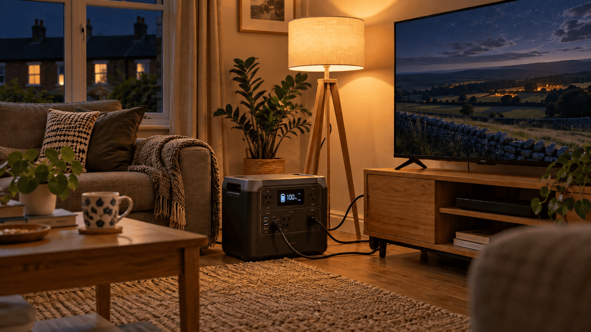 Best Anker solar generators UK – 2kWh portable power station powering a TV and lamp